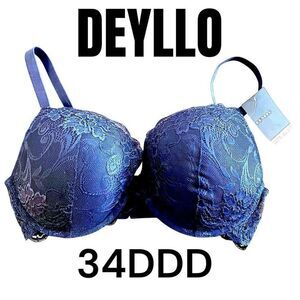 NWT Deyllo Women's Lace Push Up Underwire Demi Bra Blue Depths Size 34DDD Navy